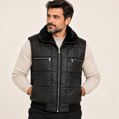 Kürk Yakalı Kapitone Deri Yelek – Siyah